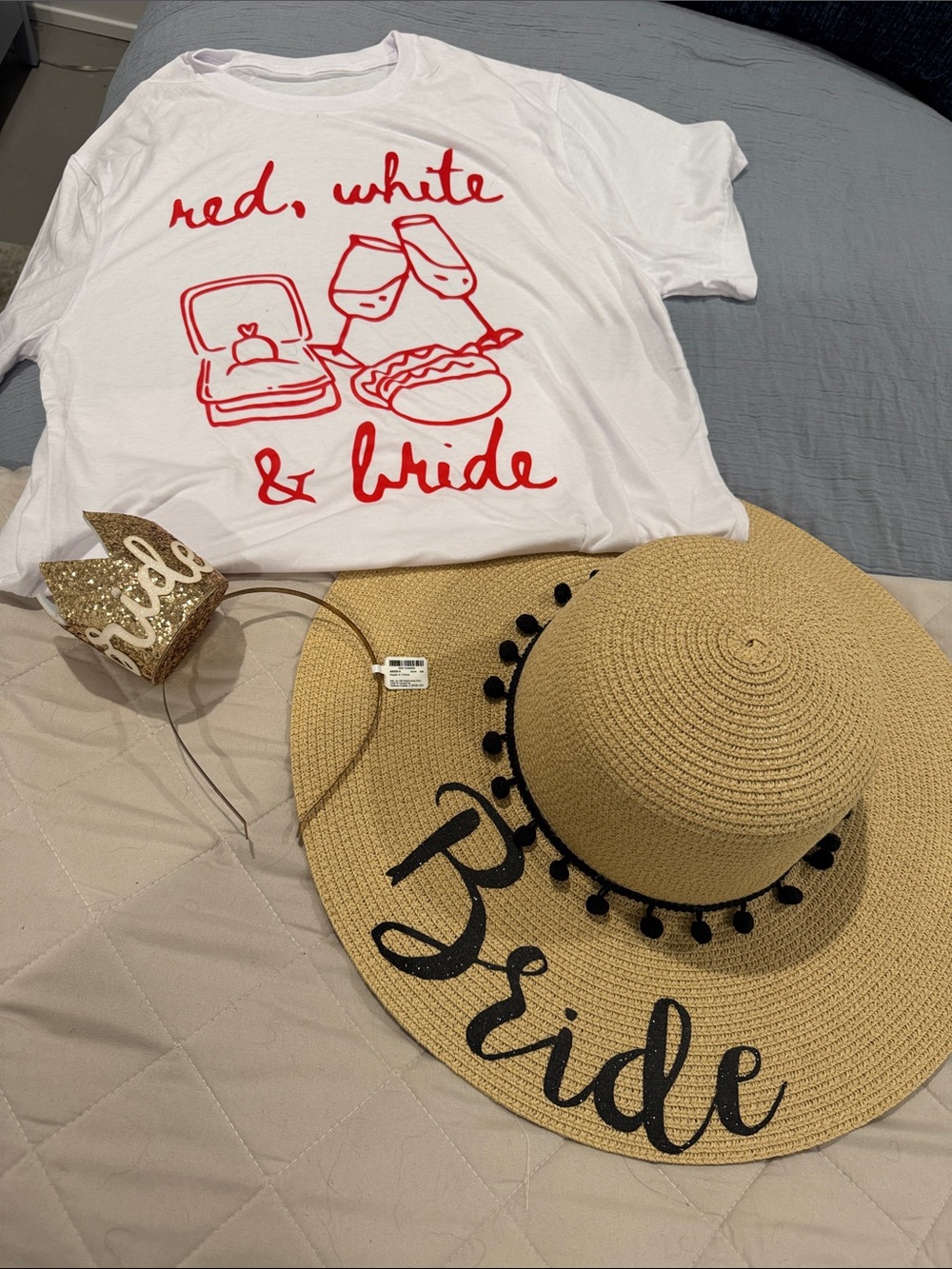 Bride bundle— White Graphic 'red, white & bride' Tee, hat and headband